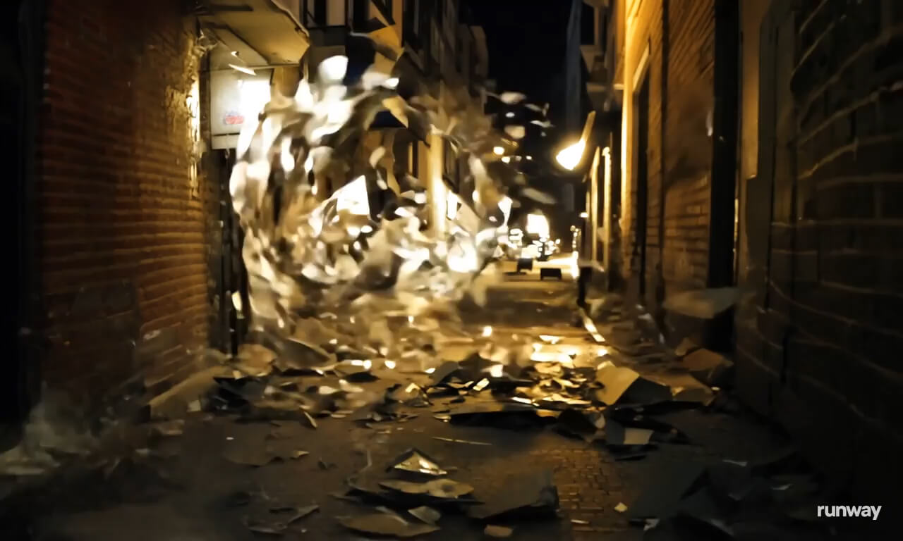 A cyclone of broken glass in an urban alleyway. dynamic move