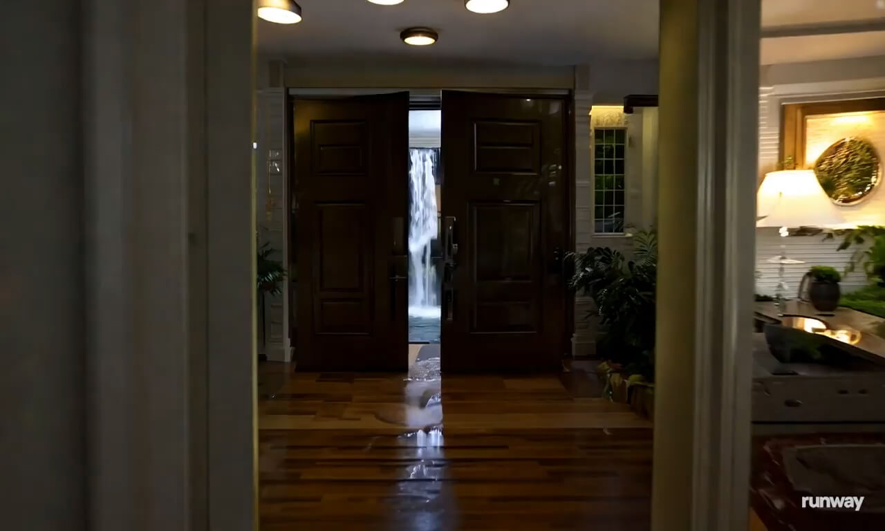 A first-person POV shot rapidly flies through open doors to 