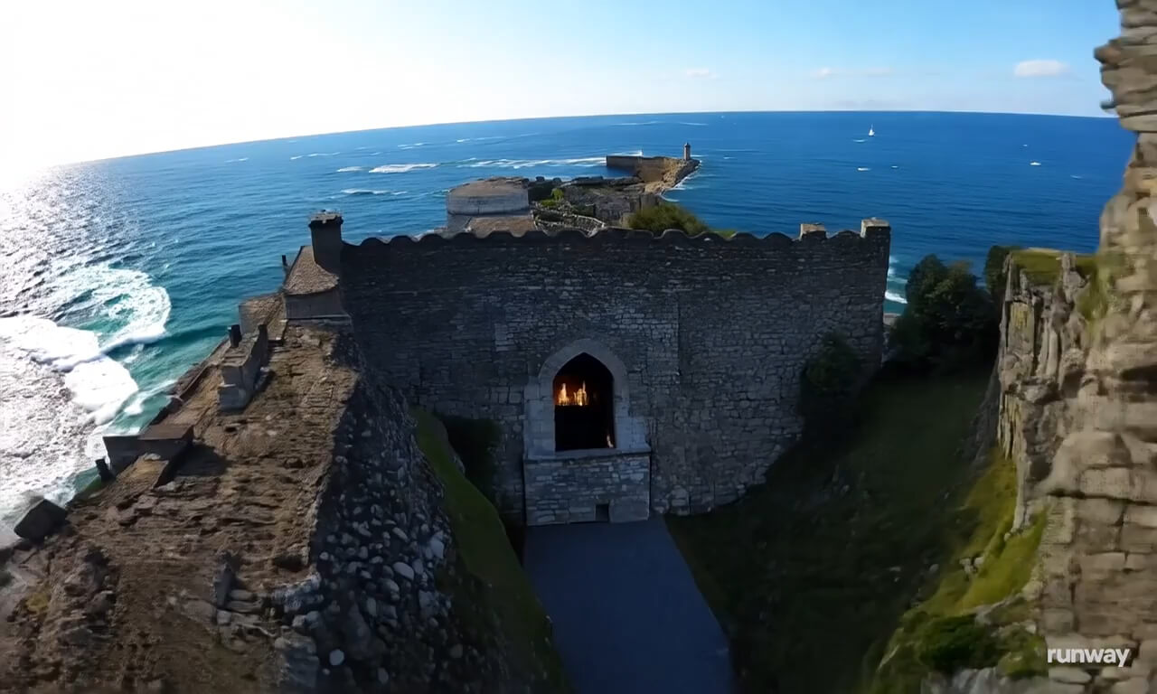 A FPV drone shot through a castle on a cliff