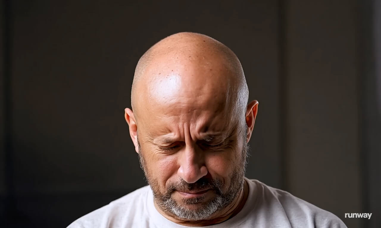 A middle-aged sad bald man becomes happy as a wig of curly h