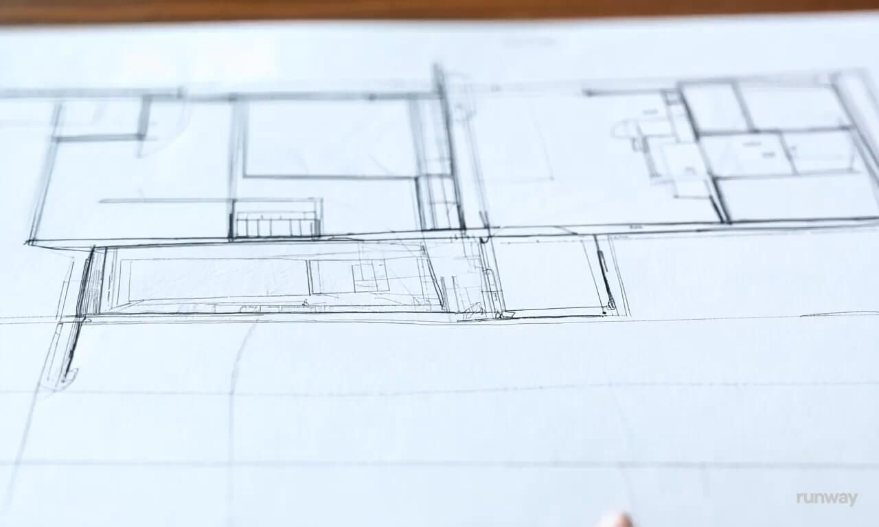 A pencil drawing an architectural plan