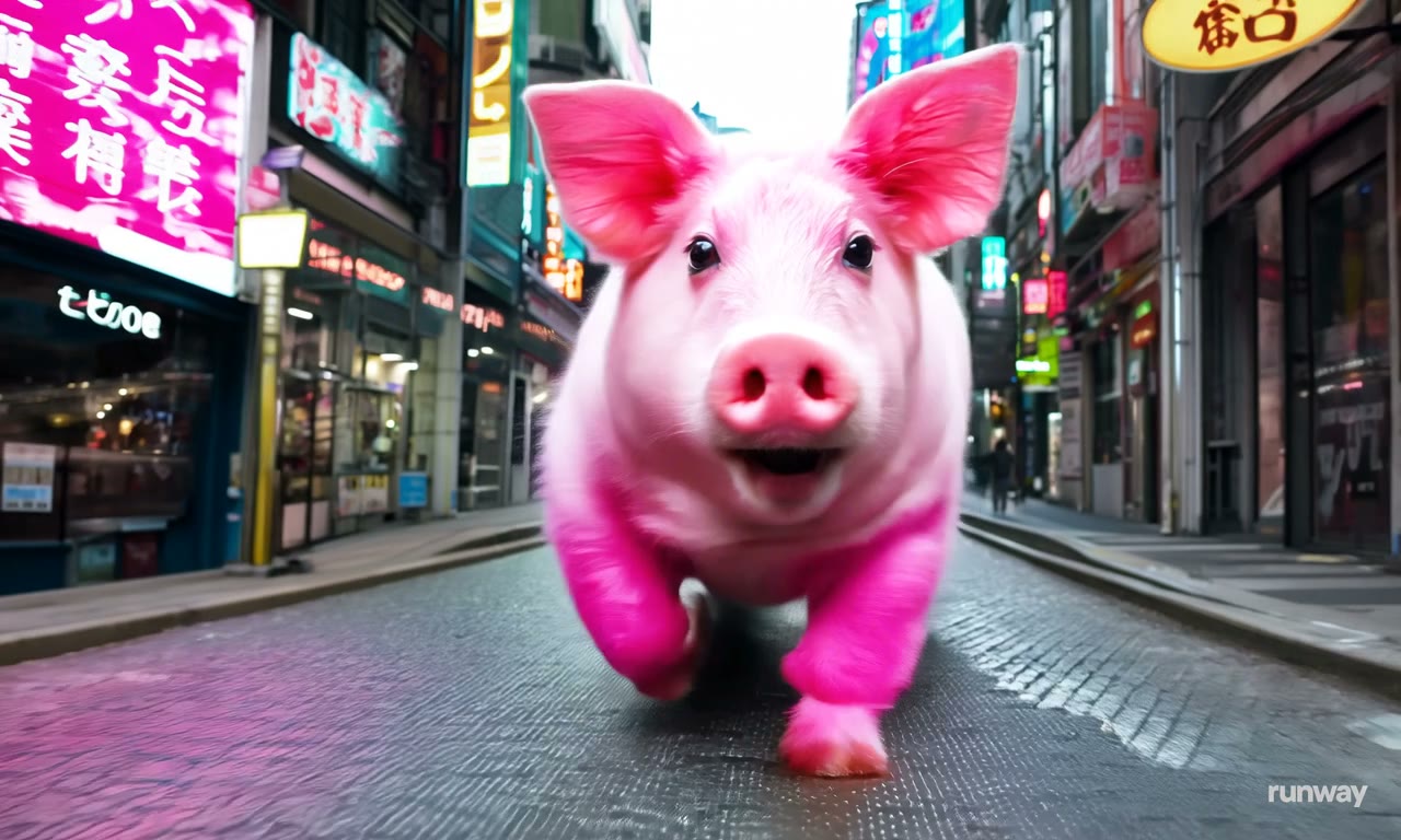 A pink pig running fast toward the camera in an alley in Tok