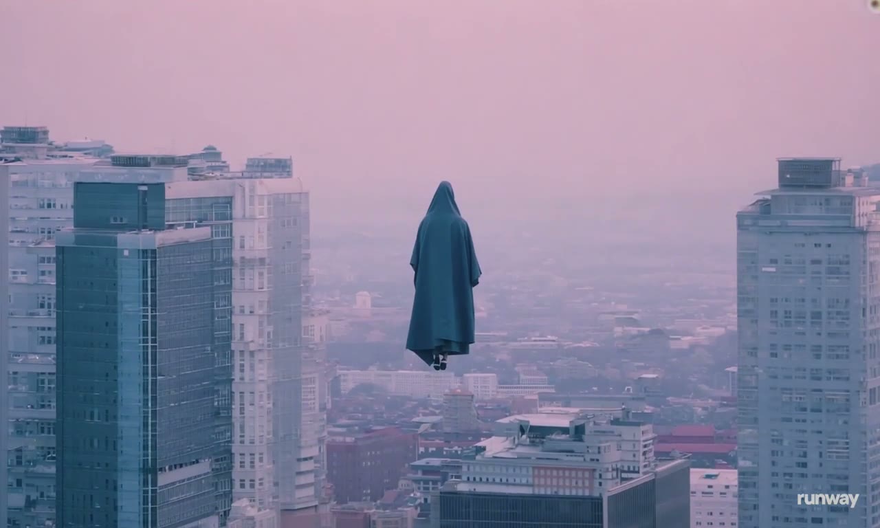 Aerial view shot of a cloaked figure elevating in the sky be