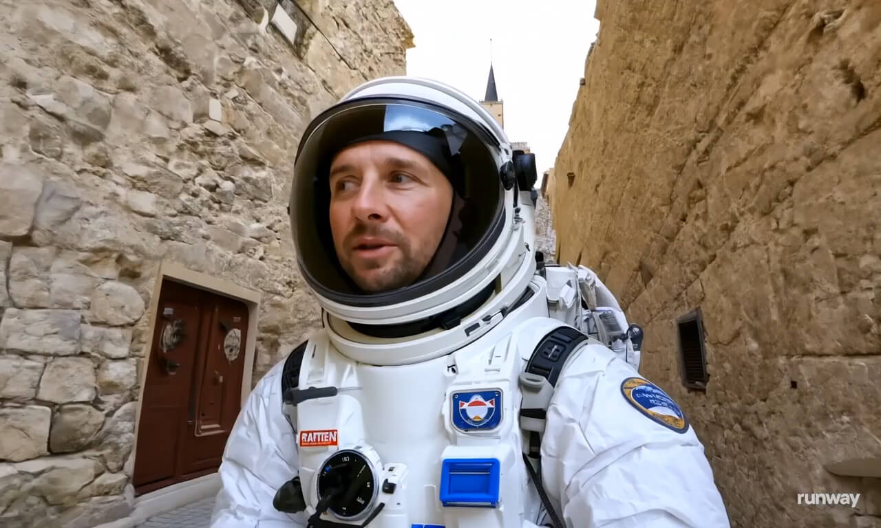 An astronaut walking between stone buildings