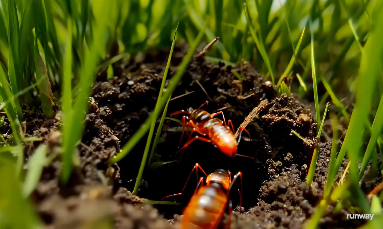 An extreme close-up shot of an ant emerging from its nest. T