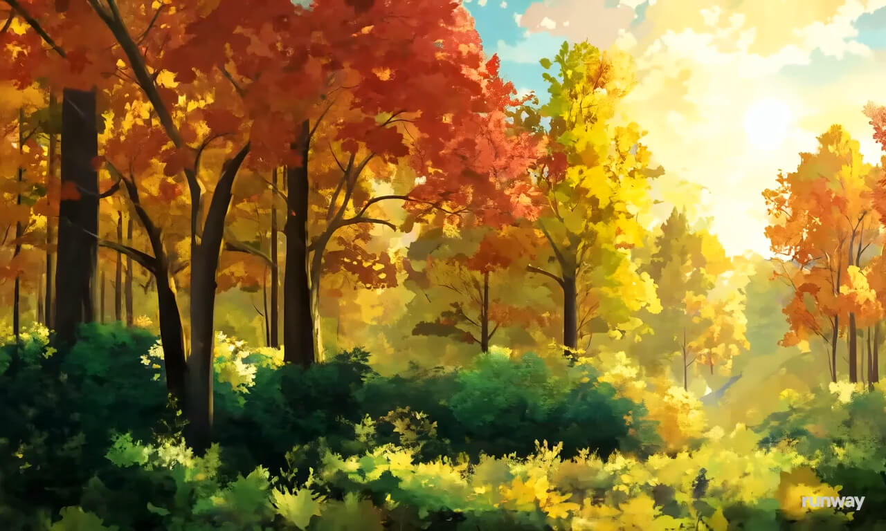 An oil painting of a natural forest environment with colorfu