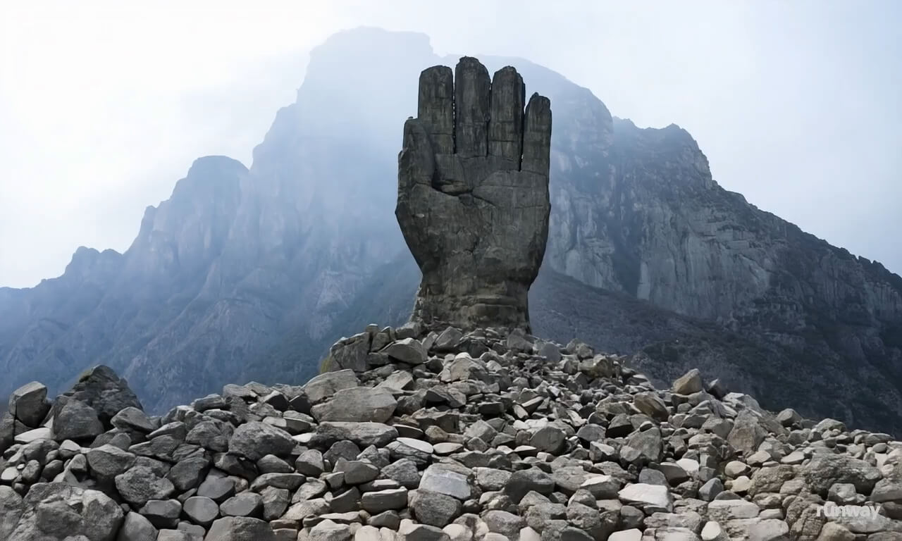 An ultra-wide shot of a giant stone hand reaching out of a p