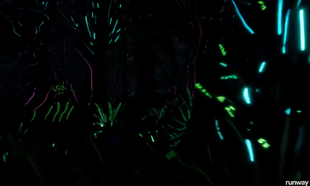 Zooming through a dark forest with neon light flora lighting
